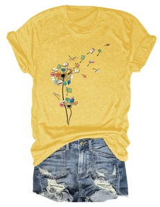 Detail of creative dandelion book print on bright yellow short-sleeve T-shirt cotton