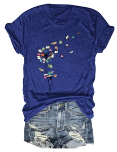Navy blue crewneck T-shirt with dandelion book print and distressed denim shorts