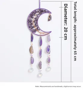 Moon suncatcher with purple crystal chips and agate slice detailing, 20cm diameter size