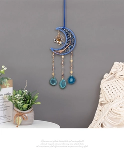Boho blue lapis lazuli crescent moon wall hanging with tree of life and agate slices