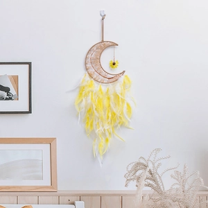 Handmade moon dream catcher with yellow feathers and citrine stone for wall decor