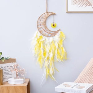 Moon dreamcatcher with yellow citrine tree of life and feathers for boho wall decor