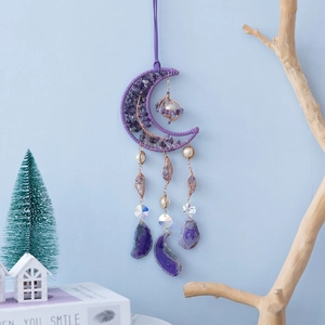 Acchiappasogni luna Albero della Vita con pietre ametista e fette di agata viola