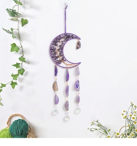 Bohemian crescent moon wall hanging with amethyst stones, agate slice and crystal ball detail