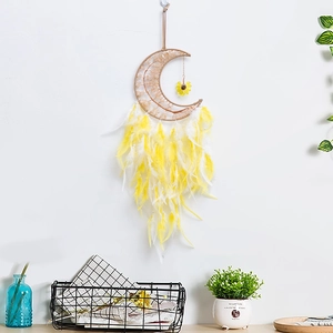 Bohemian yellow citrine moon dreamcatcher with feathers for wall hanging decor