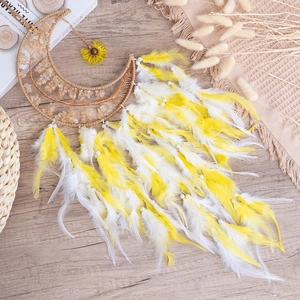 Handmade yellow crystal moon dreamcatcher with tree of life and soft feathers decor