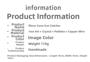 Detailed specifications list for handmade crystal suncatcher featuring iron and stone materials