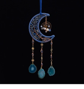 Lapis lazuli moon dream catcher with tree of life and blue agate slices decor
