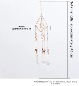 Detail of suncatcher with pink crystal, metal frame, and hanging prisms shown with dimensions