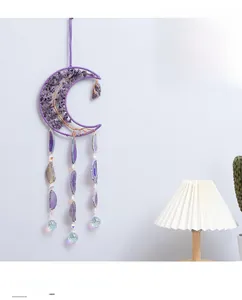 Moon-shaped suncatcher with purple tree of life and agate slices for home wall decor
