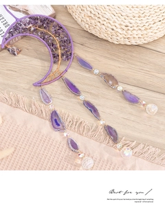 Detail of amethyst tree of life moon suncatcher with purple agate slices decor