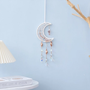 Tree of Life Moon Suncatcher with crystal beads and white woven rope for home decor