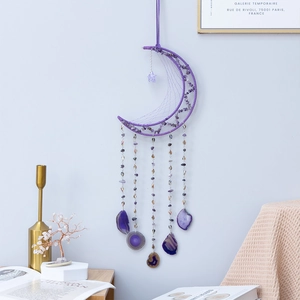 Purple amethyst moon dreamcatcher wall hanging with crystal stones for home decor