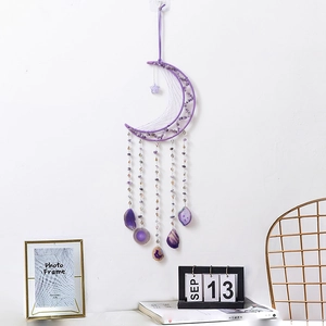 Bohemian purple crescent moon dream catcher wall decor with natural amethyst stone beads