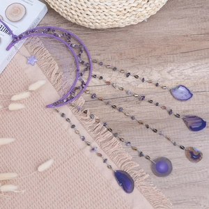 Purple amethyst crescent moon wall hanging with dreamcatcher weave and agate slices