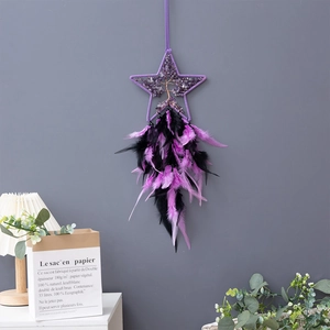 Star-shaped purple crystal suncatcher with life tree design and hanging feathers
