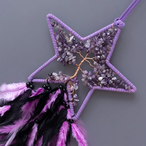 Nordic star dreamcatcher with amethyst tree of life and black purple feathers decor