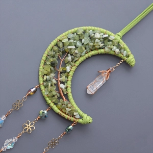 Brass moon tree of life suncatcher with green crystal stones and hanging prism crystals
