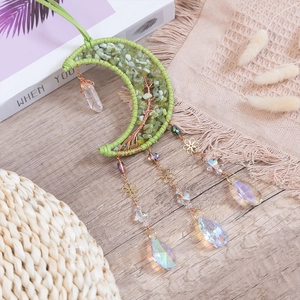 Brass moon tree of life suncatcher with green crystal stones and hanging rainbow prisms