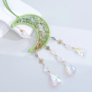 Green crescent moon suncatcher with brass tree of life and sparkling crystal pendants