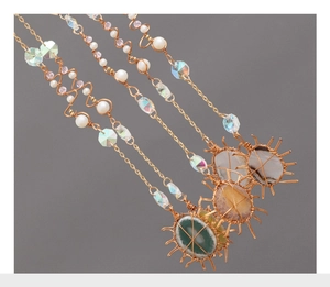 Detailed wire-wrapped natural agate pendants with colorful crystal beads and pearls