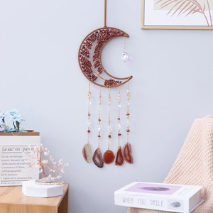 Bohemian Moon Tree of Life Wall Hanging Decor With Natural Agate Slices Red Stone Crystal Handmade Dream Catcher For Living Room Bedroom
