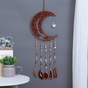 Moon-shaped life tree wall hanging with red stone chips and polished agate slices