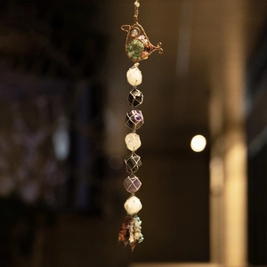 Bohemian Tree of Life crystal car charm with metal bird and colorful raw gemstone tassels