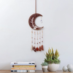 Moon-shaped Tree of Life wall hanging with natural red stones and agate slices
