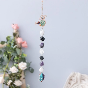 Handmade Tree of Life car charm with colorful raw crystals and bird wire wrapping