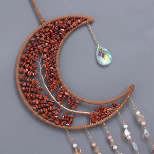Handmade moon-shaped life tree wall hanging with red agate stones and crystal pendants