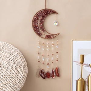 Bohemian moon wall hanging with red stone tree of life and natural agate slices
