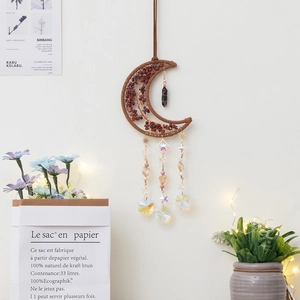 Bohemian moon wall hanging with red jasper tree of life and black crystal pendant