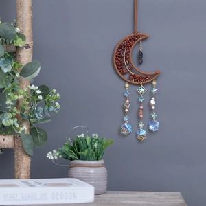 Handmade moon dream catcher with tree of life crystal beads and black obsidian pendant