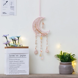Acchiappasogni luna rosa con pietre di quarzo rosa naturali e cristallo albero della vita