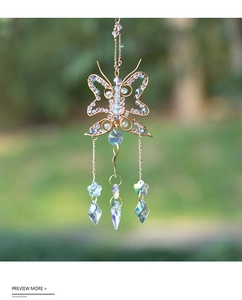 Detailed wire-wrapped heart butterfly suncatcher with light blue beads and crystal prisms