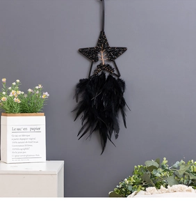 Detail of black pentagram dream catcher with tree of life and natural feathers