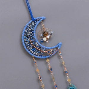 Lapis lazuli moon dream catcher with copper tree of life wire wrap and metal chains
