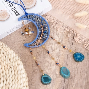 Lapis Lazuli tree of life crescent moon dream catcher with natural agate stone wall decor