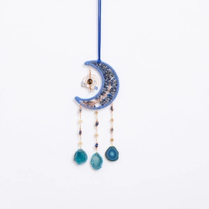 Lapis lazuli moon dream catcher with tree of life wire wrap and agate slice pendants