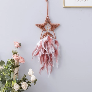 Star-shaped tree of life suncatcher with pink feathers and natural stone beads