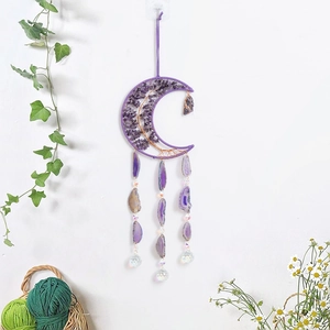 Bohemian Amethyst Moon Tree Of Life Sun Catcher With Purple Agate Slices Crystal Ball Handmade Hanging Ornament For Home Garden Decor