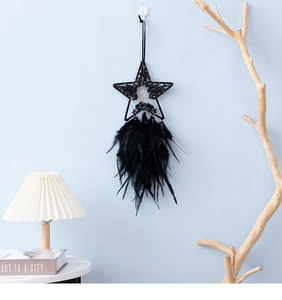 Black star dream catcher wall decor with beads and feathers against a blue wall