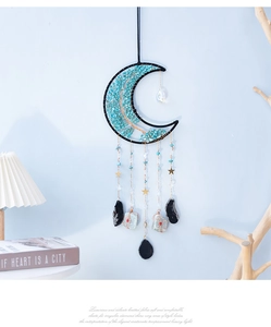 Bohemian moon suncatcher with turquoise stones and crystal drops for wall decor