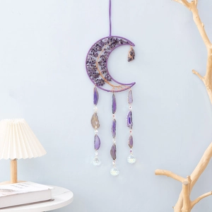 Tree of Life amethyst moon suncatcher with agate slices and crystal ball pendant