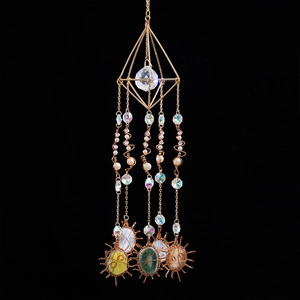 Natural agate sun catcher with gold diamond frame and faceted crystal ball pendant