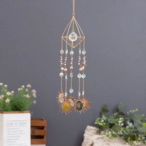 Bohemian crystal suncatcher with natural colorful agate slices and gold geometric frame