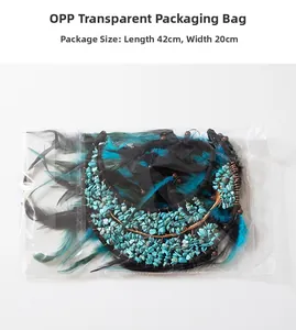 Detail of life tree necklace with turquoise stone and blue feathers in 42x20cm OPP bag