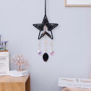 Tree of Life suncatcher with black obsidian stones, crystal prisms and agate slice decor