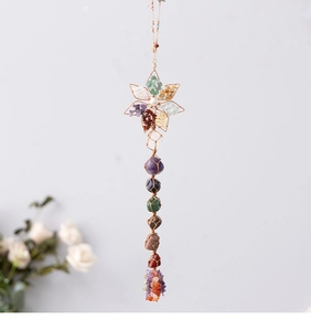 Detailed view of handmade chakra crystal dream catcher with seven natural stones